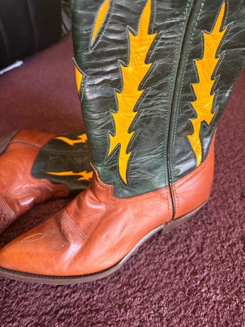 Two-Tone Western Cowboy Boots in Green, Yellow & Brown